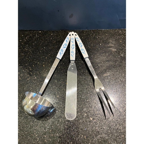 Vintage Fontana Stainless Steel Blue Cornflower Japan Cooking Utensil 3 PC Set - Picture 1 of 8